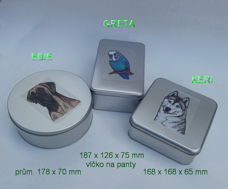 různé dózy s potisky