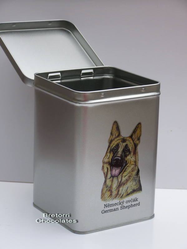 Německý ovčák černý - plechová dóza s pamlsky pro psy
