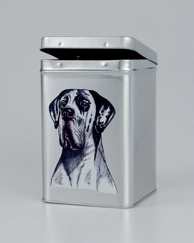 Německá doga harlekýn - plechová dóza s pamlsky pro psy