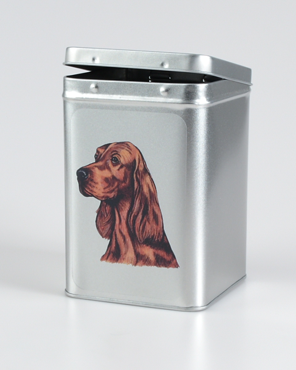 Irský setr - plechová dóza s pamlsky pro psy