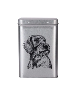 Plechová dóza - jezevčík drsnosrstý čb