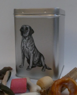 Labrador čb - plechová dóza s pamlsky pro psy