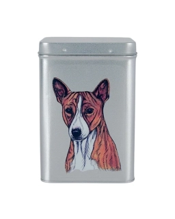 Plechová dóza - basenji červenobílý